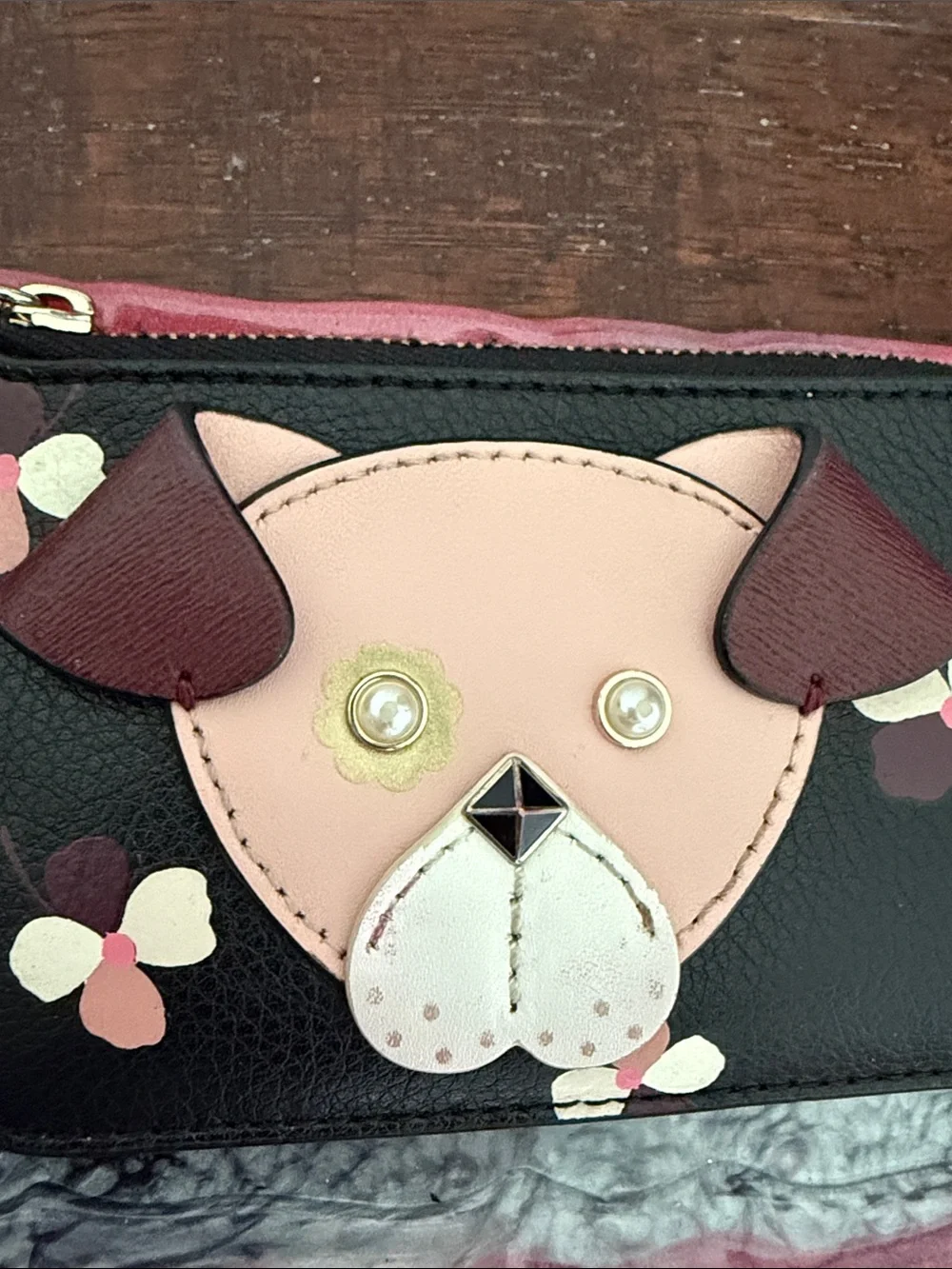 kate spade Black Card Wallet with Pink and Burgundy Dog Face Appliqué